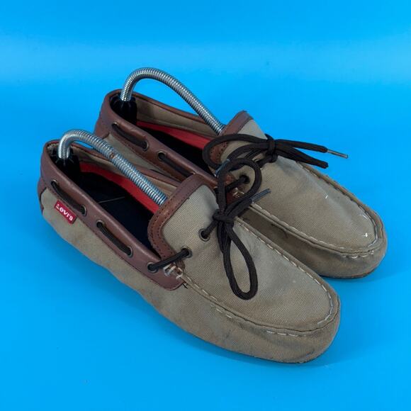 Levi's Shoes Canvas Boat Loafers Moccasins Tan Brown Leather Trim Womens 9.5 - Picture 5 of 12